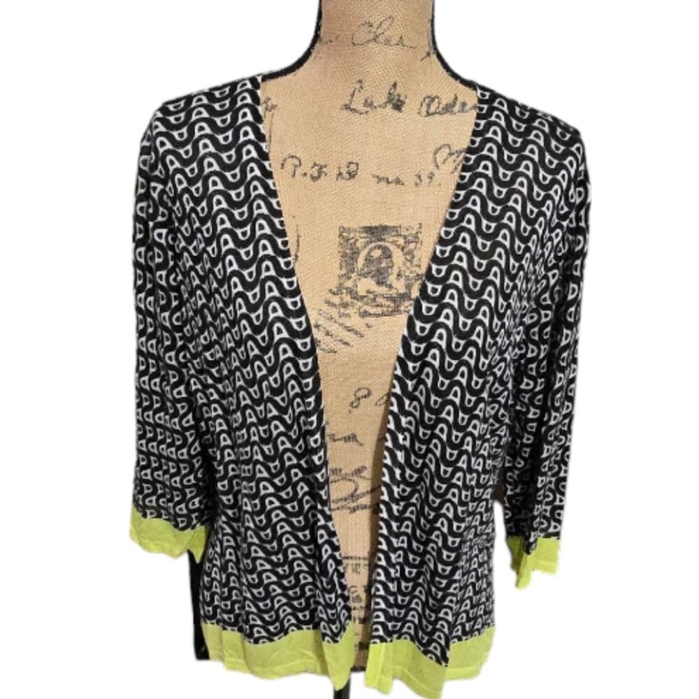 Chico's Black White and neon‎ Yellow Lightweight Cardigan Sweater Size 2 Medium